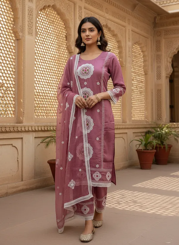 Rose_Pink_Organza_Cotton_Blend_Kurti_Pant_&_Dupatta_Set_–_Floral_&_Ornamental_Embroidery_–_KPD004RPX1