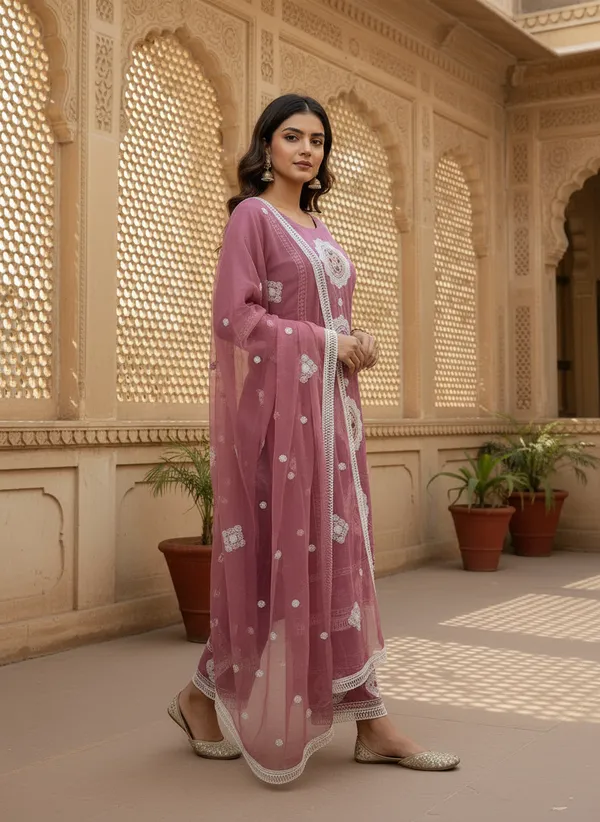 Rose_Pink_Organza_Cotton_Blend_Kurti_Pant_&_Dupatta_Set_–_Floral_&_Ornamental_Embroidery_–_KPD004RPX1