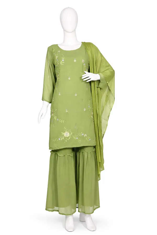 SHREESUTRAM_Sage_green_Georgette_Kurti,_Pant_&_Dupatta_(KPD030SGX2)