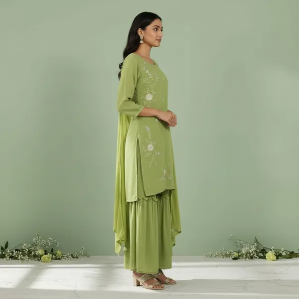 SHREESUTRAM_Sage_green_Georgette_Kurti,_Pant_&_Dupatta_(KPD030SGX2)