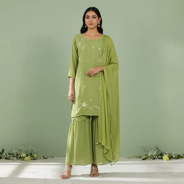 SHREESUTRAM_Sage_green_Georgette_Kurti,_Pant_&_Dupatta_(KPD030SGX2)