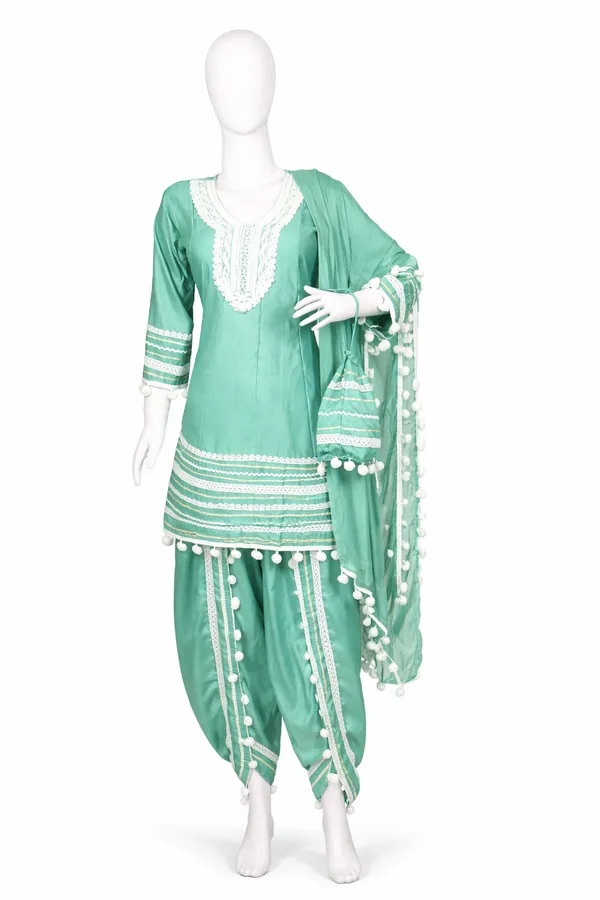 Sea_Green_Cotton_Rayon_Afghani_Suit_Set_with_Dhoti,_Dupatta_&_Potli_–_Pom_Pom_Lace_Work_–_AS006SGX1