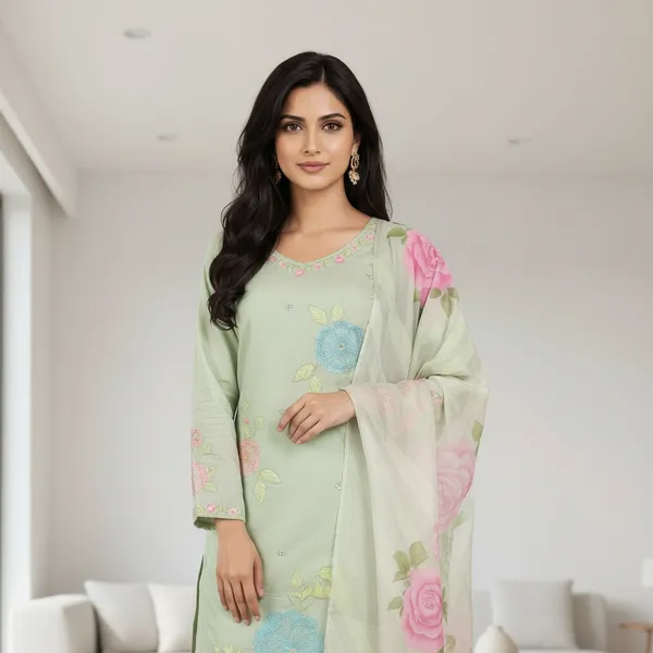 SHREESUTRAM_Sage_Green,_Organza_with_Flower_Embrodiery_Kurti,_Pant_&_Dupatta_(KPD018SGX2)