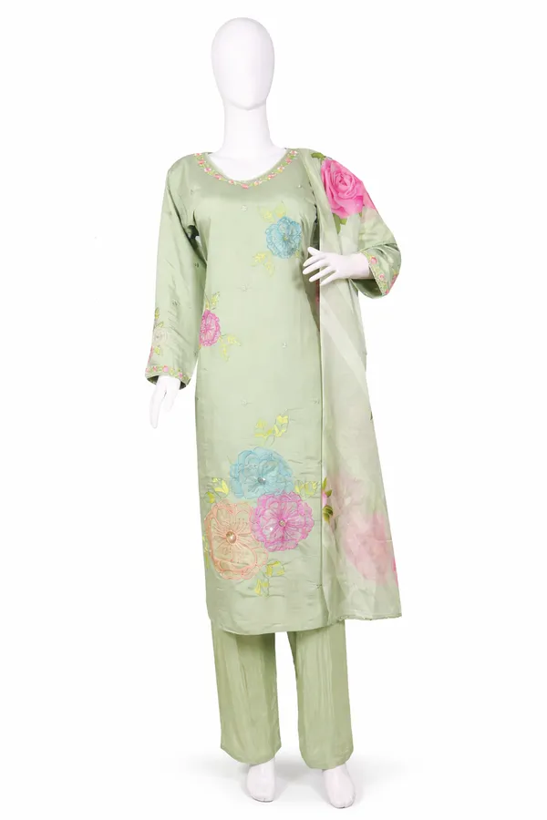 SHREESUTRAM_Sage_Green,_Organza_with_Flower_Embrodiery_Kurti,_Pant_&_Dupatta_(KPD018SGX2)