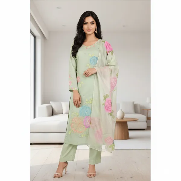 SHREESUTRAM_Sage_Green,_Organza_with_Flower_Embrodiery_Kurti,_Pant_&_Dupatta_(KPD018SGX2)