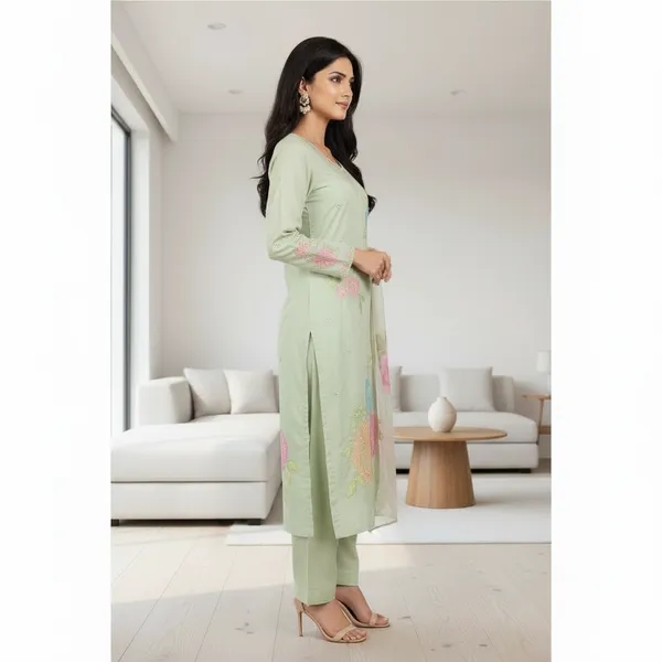 SHREESUTRAM_Sage_Green,_Organza_with_Flower_Embrodiery_Kurti,_Pant_&_Dupatta_(KPD018SGX2)