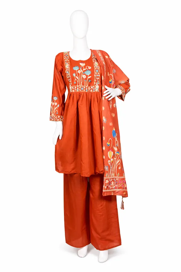 SHREESUTRAM_Rust_Red,_Silk_Blend,_Kurti_Shrara_&_Dupatta_(KPD048RRX1)