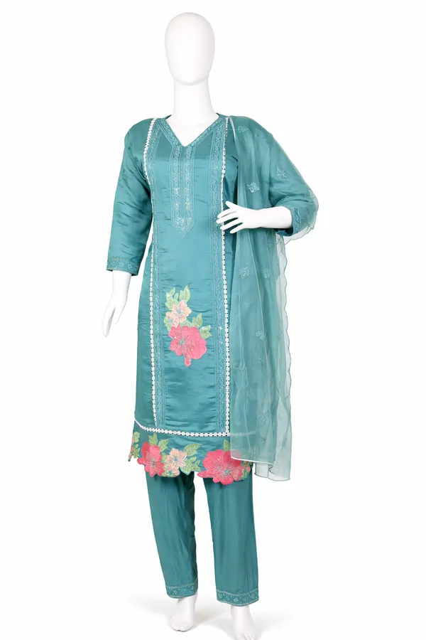 SHREESUTRAM_Teal_Green,_Organza_Kurti,_Pant_&_Dupatta_(KPD019TGX2)
