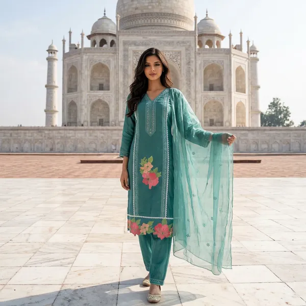 SHREESUTRAM_Teal_Green,_Organza_Kurti,_Pant_&_Dupatta_(KPD019TGX2)