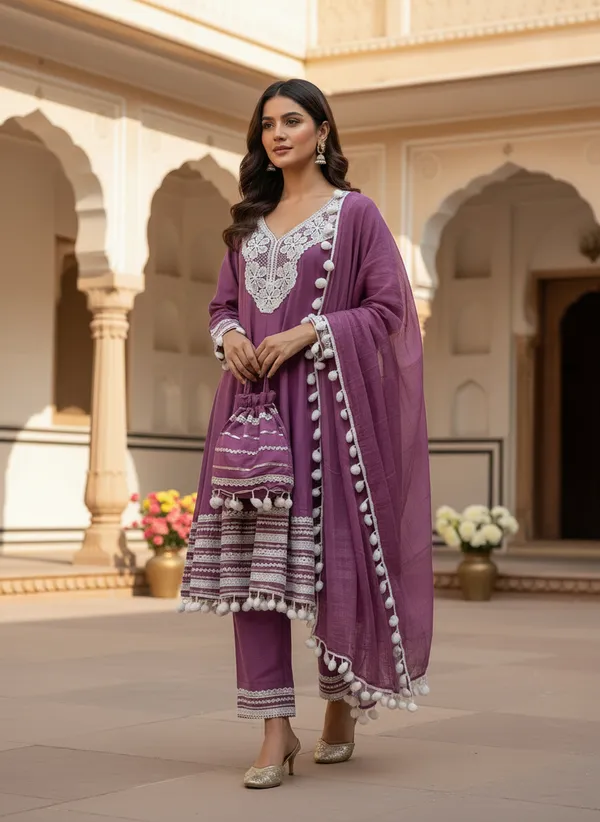 Rani_Pink_Cotton_Rayon_Afghani_Suit_Set_with_Pant,_Dupatta_&_Potli_–_Pom_Pom_Lace_Work_–_AS006RPX1