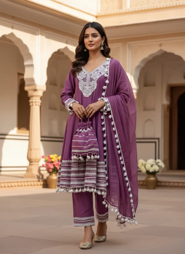 Rani_Pink_Cotton_Rayon_Afghani_Suit_Set_with_Pant,_Dupatta_&_Potli_–_Pom_Pom_Lace_Work_–_AS006RPX1