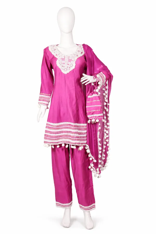 Rani_Pink_Cotton_Rayon_Afghani_Suit_Set_with_Pant,_Dupatta_&_Potli_–_Pom_Pom_Lace_Work_–_AS006RPX1