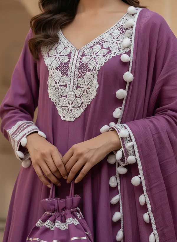 Rani_Pink_Cotton_Rayon_Afghani_Suit_Set_with_Pant,_Dupatta_&_Potli_–_Pom_Pom_Lace_Work_–_AS006RPX1