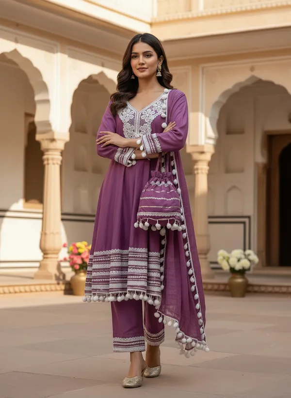 Rani_Pink_Cotton_Rayon_Afghani_Suit_Set_with_Pant,_Dupatta_&_Potli_–_Pom_Pom_Lace_Work_–_AS006RPX1
