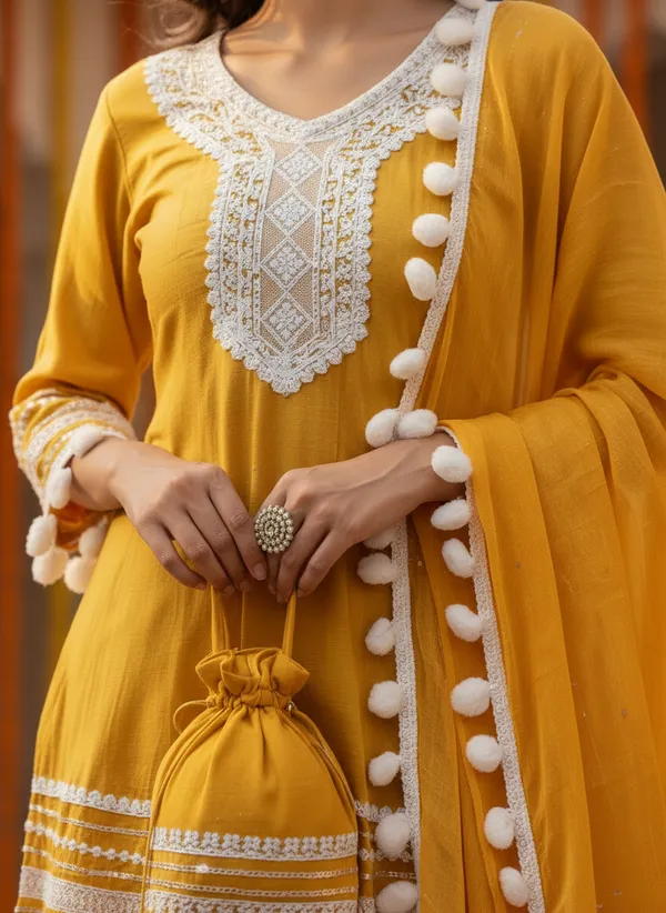 Mustard_Yellow_Cotton_Rayon_Afghani_Suit_Set_with_Dhoti,_Dupatta_&_Potli_–_Pom_Pom_Lace_Work_–_AS006MYX1