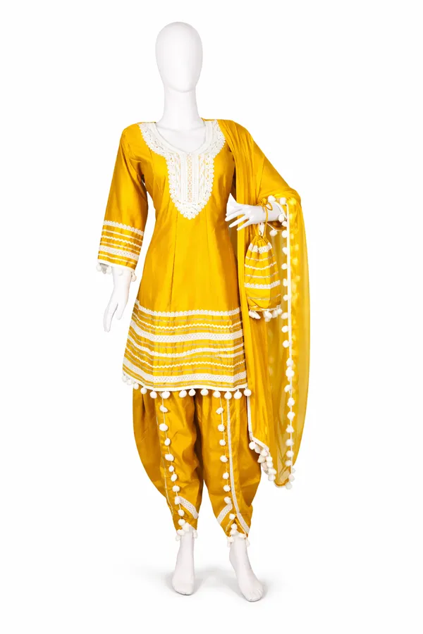 Mustard_Yellow_Cotton_Rayon_Afghani_Suit_Set_with_Dhoti,_Dupatta_&_Potli_–_Pom_Pom_Lace_Work_–_AS006MYX1