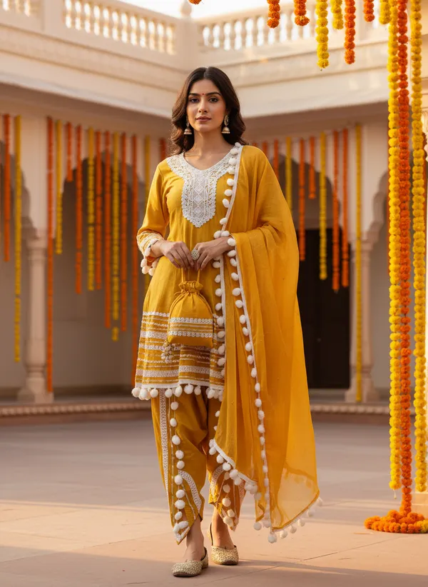 Mustard_Yellow_Cotton_Rayon_Afghani_Suit_Set_with_Dhoti,_Dupatta_&_Potli_–_Pom_Pom_Lace_Work_–_AS006MYX1