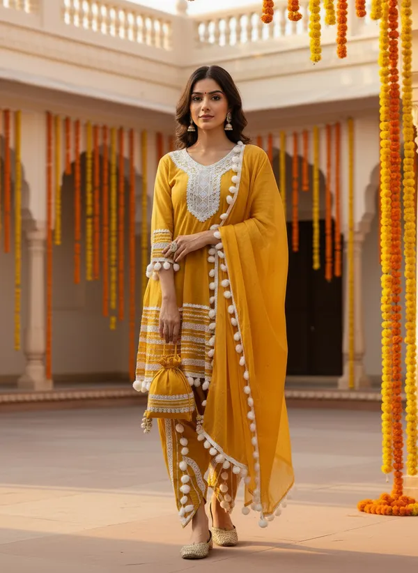 Mustard_Yellow_Cotton_Rayon_Afghani_Suit_Set_with_Dhoti,_Dupatta_&_Potli_–_Pom_Pom_Lace_Work_–_AS006MYX1