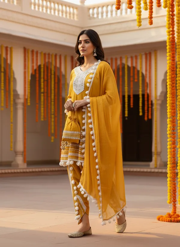Mustard_Yellow_Cotton_Rayon_Afghani_Suit_Set_with_Dhoti,_Dupatta_&_Potli_–_Pom_Pom_Lace_Work_–_AS006MYX1