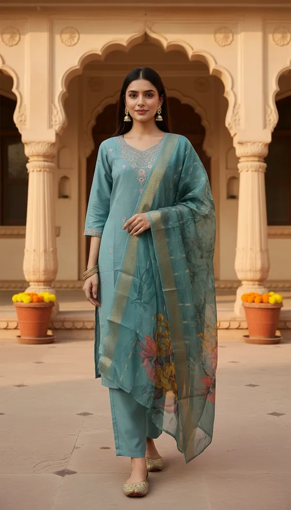Teal_Green_Cotton_Silk_Blend_Kurti_Pant_&_Dupatta_Set_–_Floral_Digital_Print_with_Border_Detailing_–_KPD010TGX1
