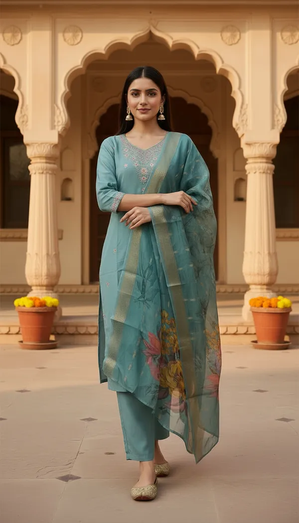 Teal_Green_Cotton_Silk_Blend_Kurti_Pant_&_Dupatta_Set_–_Floral_Digital_Print_with_Border_Detailing_–_KPD010TGX1