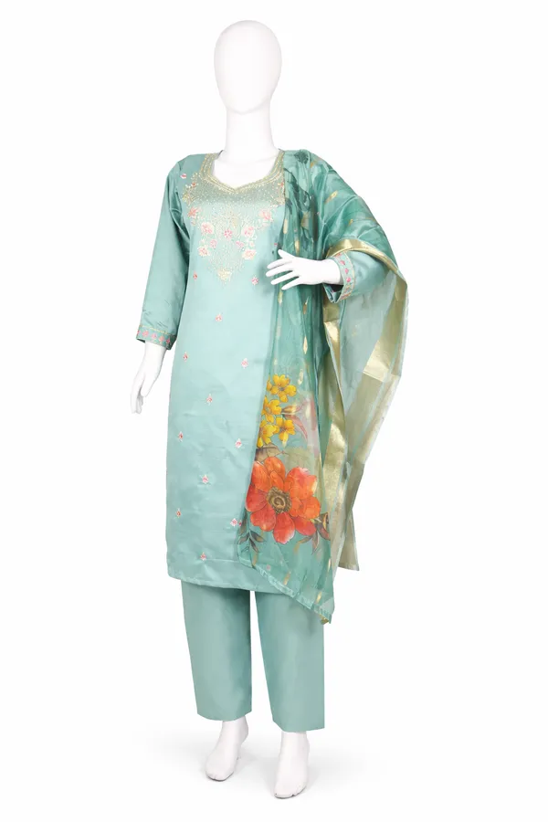 Teal_Green_Cotton_Silk_Blend_Kurti_Pant_&_Dupatta_Set_–_Floral_Digital_Print_with_Border_Detailing_–_KPD010TGX1