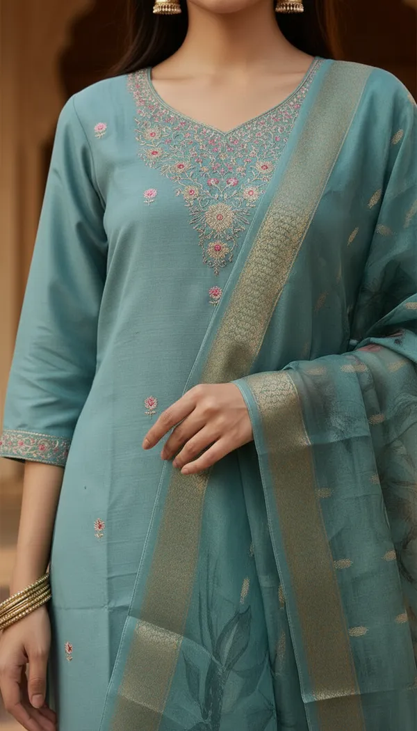 Teal_Green_Cotton_Silk_Blend_Kurti_Pant_&_Dupatta_Set_–_Floral_Digital_Print_with_Border_Detailing_–_KPD010TGX1