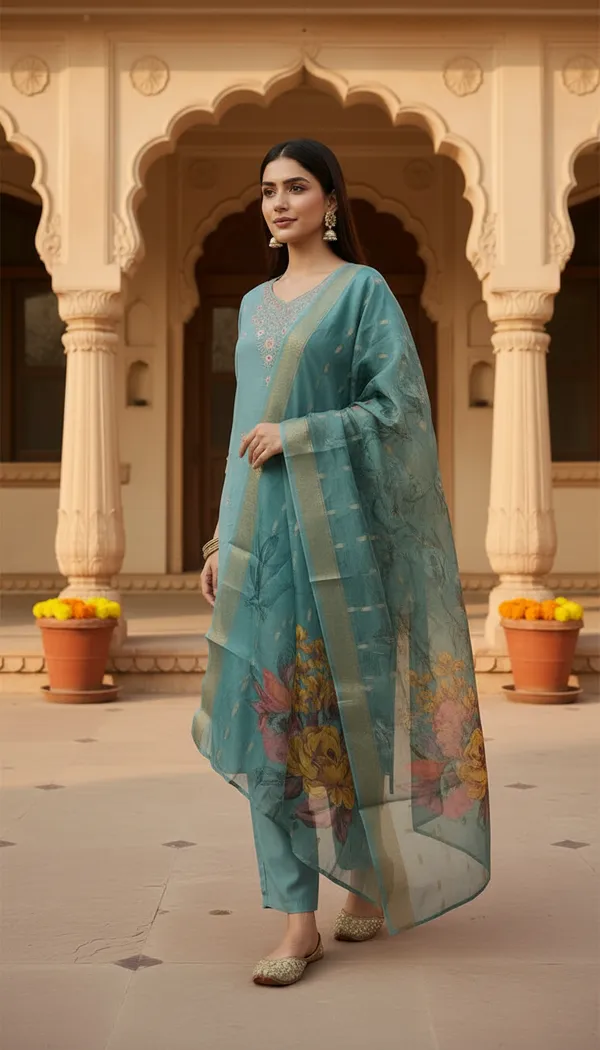 Teal_Green_Cotton_Silk_Blend_Kurti_Pant_&_Dupatta_Set_–_Floral_Digital_Print_with_Border_Detailing_–_KPD010TGX1