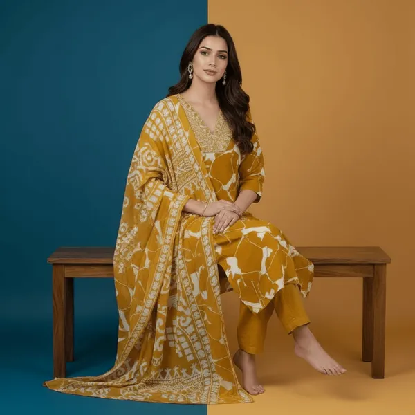 SHREESUTRAM_Mustard_yellow,_Cotton-Blend_Kurti,_Pant_&_Dupatta_(KPD028MYX2)