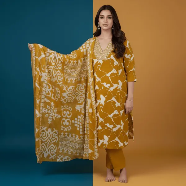 SHREESUTRAM_Mustard_yellow,_Cotton-Blend_Kurti,_Pant_&_Dupatta_(KPD028MYX2)