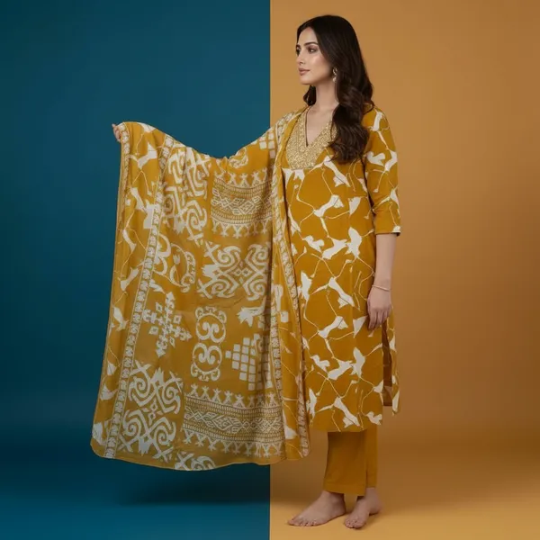 SHREESUTRAM_Mustard_yellow,_Cotton-Blend_Kurti,_Pant_&_Dupatta_(KPD028MYX2)