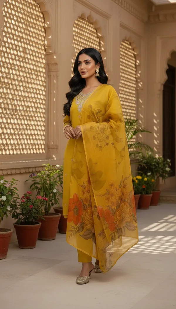 Mustard_Yellow_Cotton_Silk_Blend_Kurti_Pant_&_Dupatta_Set_–_Floral_Digital_Print_with_Border_Detailing_–_KPD010MYX1