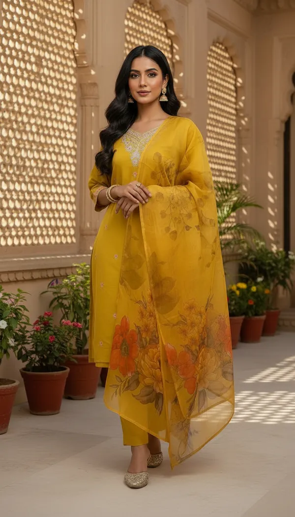 Mustard_Yellow_Cotton_Silk_Blend_Kurti_Pant_&_Dupatta_Set_–_Floral_Digital_Print_with_Border_Detailing_–_KPD010MYX1