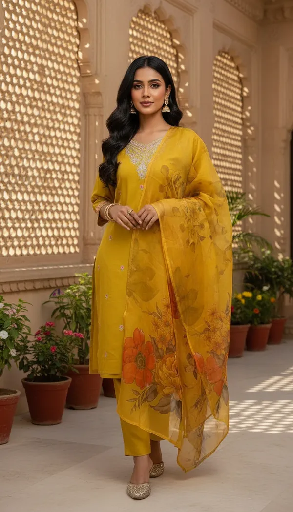 Mustard_Yellow_Cotton_Silk_Blend_Kurti_Pant_&_Dupatta_Set_–_Floral_Digital_Print_with_Border_Detailing_–_KPD010MYX1