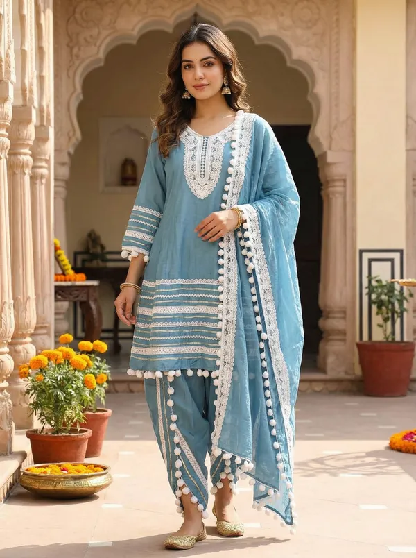 Dusty_Teal_Blue,_Cotton-Rayon_Mix_Pom_Pom_Lace_Work_Afgani_Suit_(AS006DTX1)