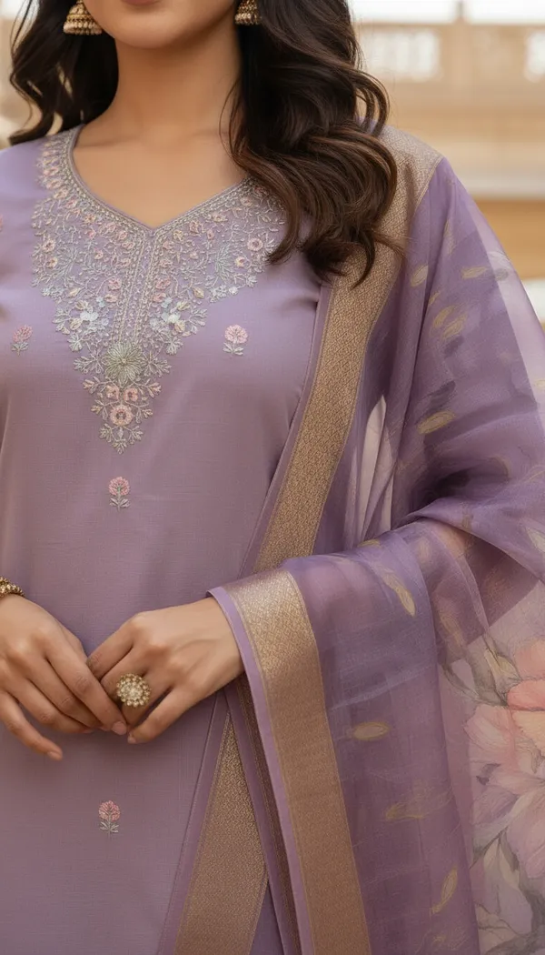 Light_Purple_Cotton_Silk_Blend_Kurti_Pant_&_Dupatta_Set_–_Floral_Digital_Print_with_Border_Detailing_–_KPD010LPX1