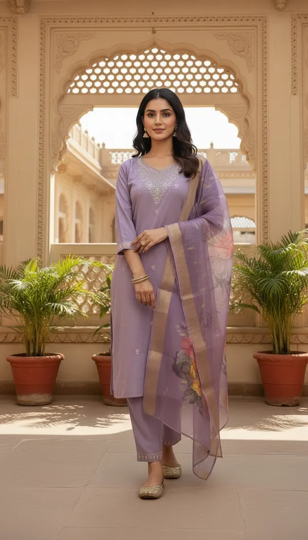 Light_Purple_Cotton_Silk_Blend_Kurti_Pant_&_Dupatta_Set_–_Floral_Digital_Print_with_Border_Detailing_–_KPD010LPX1