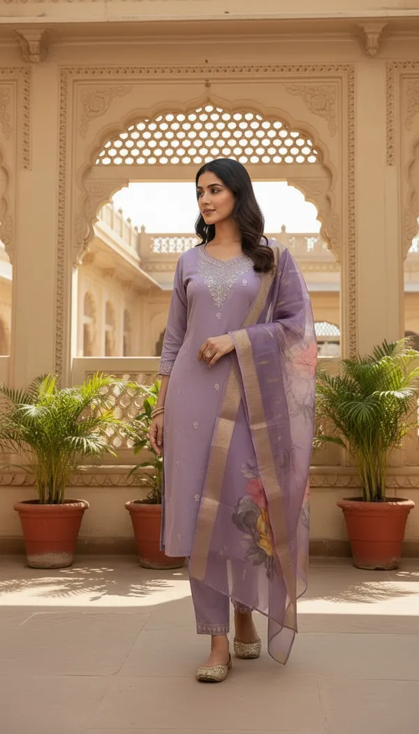 Light_Purple_Cotton_Silk_Blend_Kurti_Pant_&_Dupatta_Set_–_Floral_Digital_Print_with_Border_Detailing_–_KPD010LPX1