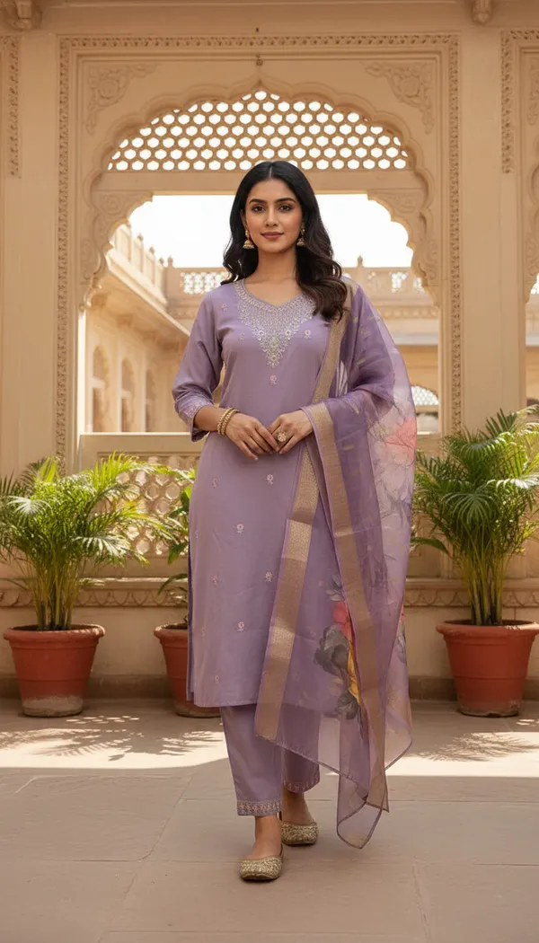 Light_Purple_Cotton_Silk_Blend_Kurti_Pant_&_Dupatta_Set_–_Floral_Digital_Print_with_Border_Detailing_–_KPD010LPX1
