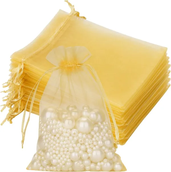 Organza_Bags/Shagun_Potli/Jewellery_Packing/Dry_Fruit_Pouch_Akshada_Pouches_Return_Favour_Organza_Pouches_|_13x18_cms_|_5x7_inch_|_Golden_Colour