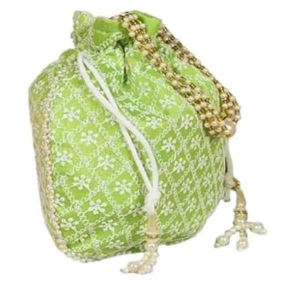 Pack_Of_2_Green_Chikankari_Raw_Silk_Drawstring_Rajasthani_Style_Potli_Bag_|_Bridal_Clutch_Purse_For_Women