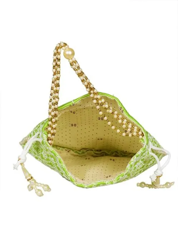 Pack_Of_2_Green_Chikankari_Raw_Silk_Drawstring_Rajasthani_Style_Potli_Bag_|_Bridal_Clutch_Purse_For_Women