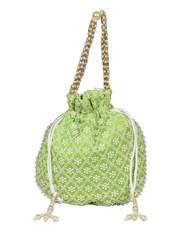 Pack_Of_2_Green_Chikankari_Raw_Silk_Drawstring_Rajasthani_Style_Potli_Bag_|_Bridal_Clutch_Purse_For_Women