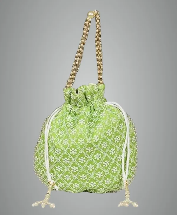 Pack_Of_2_Green_Chikankari_Raw_Silk_Drawstring_Rajasthani_Style_Potli_Bag_|_Bridal_Clutch_Purse_For_Women