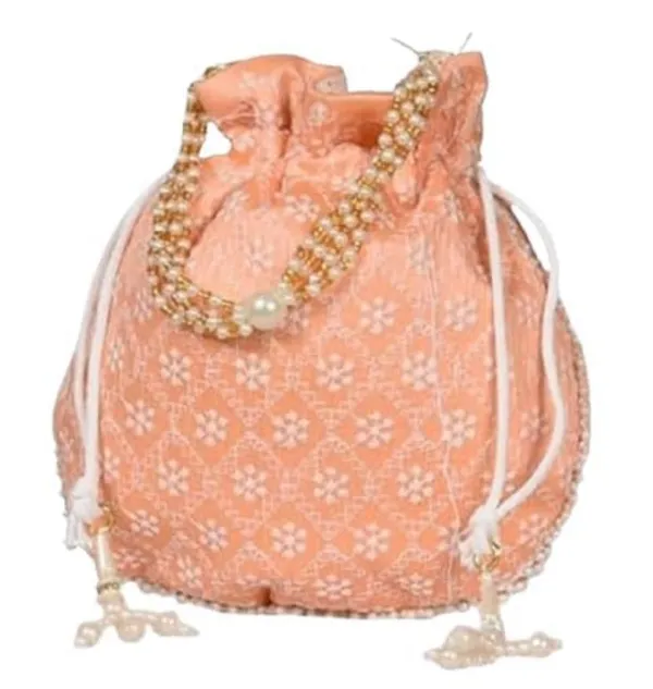 Pack_Of_2_Orange_Chikankari_Raw_Silk_Drawstring_Rajasthani_Style_Potli_Bag_|_Bridal_Clutch_Purse_For_Women
