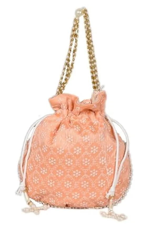 Pack_Of_2_Orange_Chikankari_Raw_Silk_Drawstring_Rajasthani_Style_Potli_Bag_|_Bridal_Clutch_Purse_For_Women