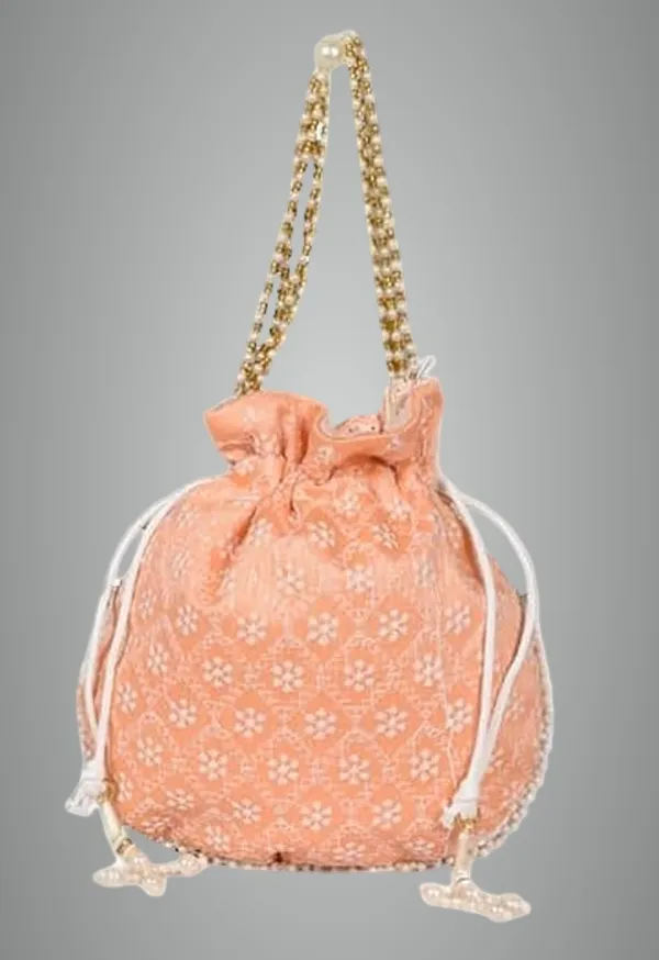 Pack_Of_2_Orange_Chikankari_Raw_Silk_Drawstring_Rajasthani_Style_Potli_Bag_|_Bridal_Clutch_Purse_For_Women