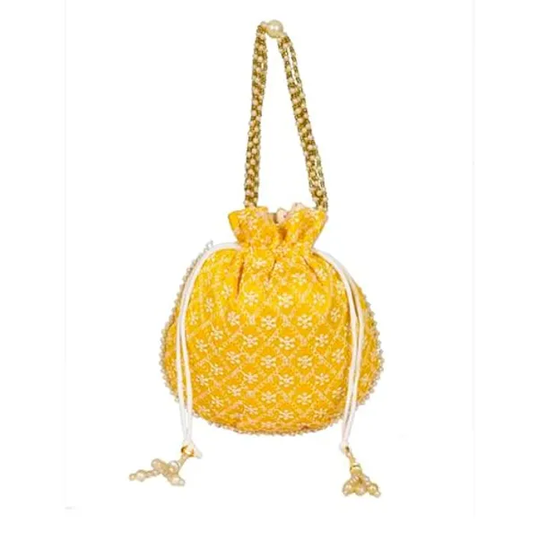 Yellow_Chikankari_Raw_Silk_Drawstring_Rajasthani_Style_Potli_Bag_|_Bridal_Clutch_Purse_For_Women