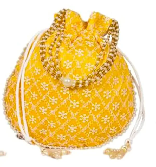 Yellow_Chikankari_Raw_Silk_Drawstring_Rajasthani_Style_Potli_Bag_|_Bridal_Clutch_Purse_For_Women