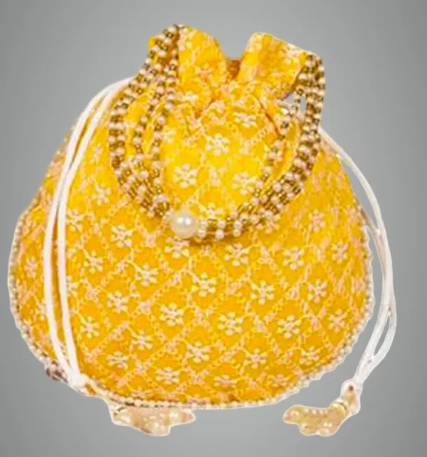 Yellow_Chikankari_Raw_Silk_Drawstring_Rajasthani_Style_Potli_Bag_|_Bridal_Clutch_Purse_For_Women